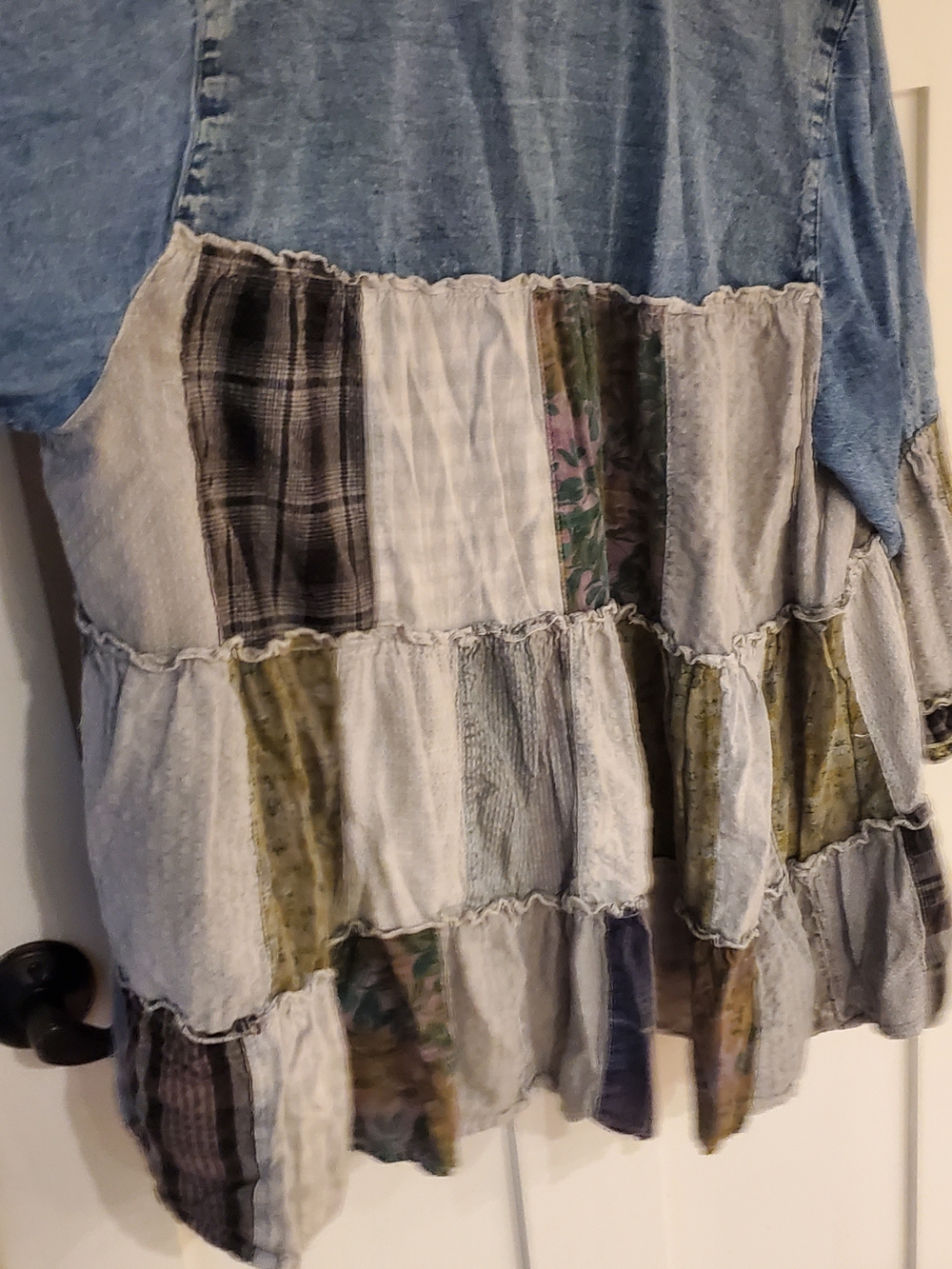 Patchwork Denim Tunic Top Blue Olive Ruffle Western Country Cottagecore Rodeo - Picture 9 of 12